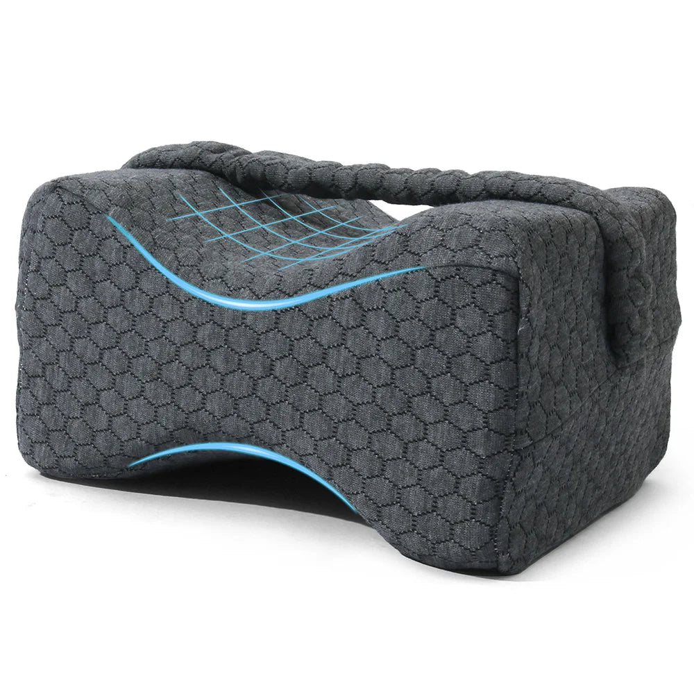 Coussin pour genoux avec sangles en mousse à mémoire de forme pour dormeurs sur le côté.
