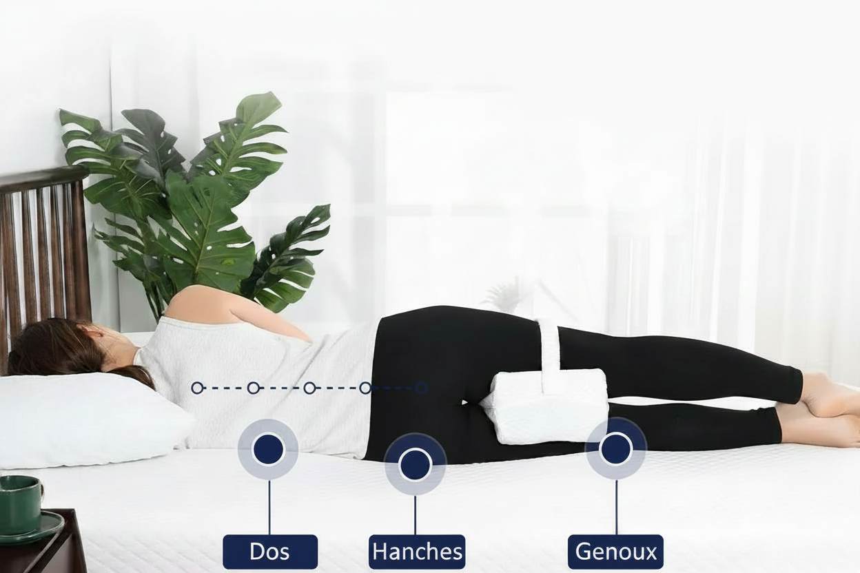 Coussin pour genoux avec sangles en mousse à mémoire de forme pour dormeurs sur le côté.