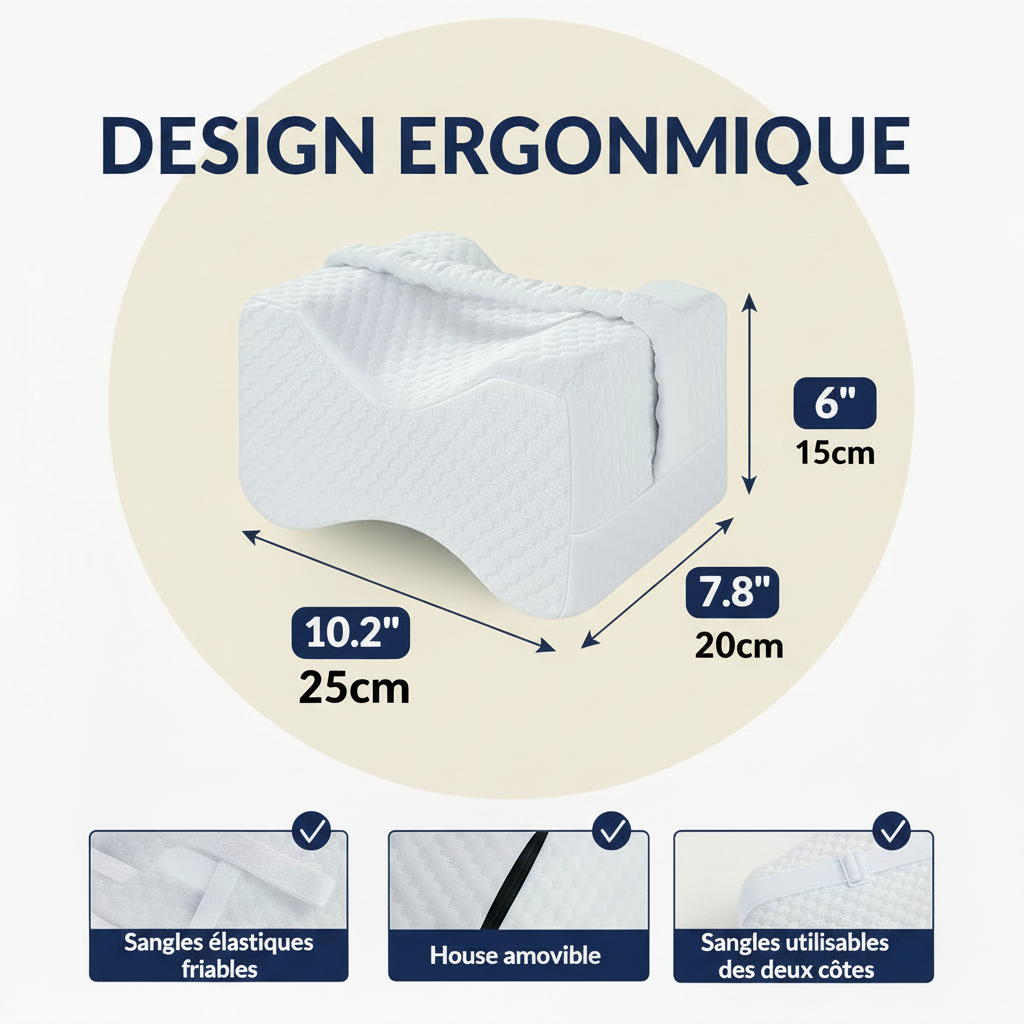 Coussin pour genoux avec sangles en mousse à mémoire de forme pour dormeurs sur le côté.
